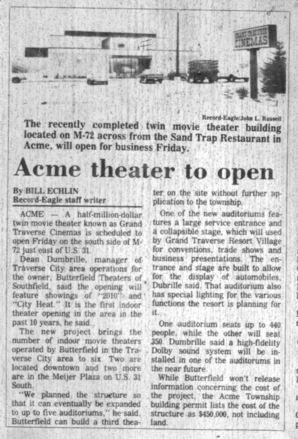 GT Theater Opening Record Eagle Article 12-13-84 from J Perkette Traverse Bay Cinema, Williamsburg